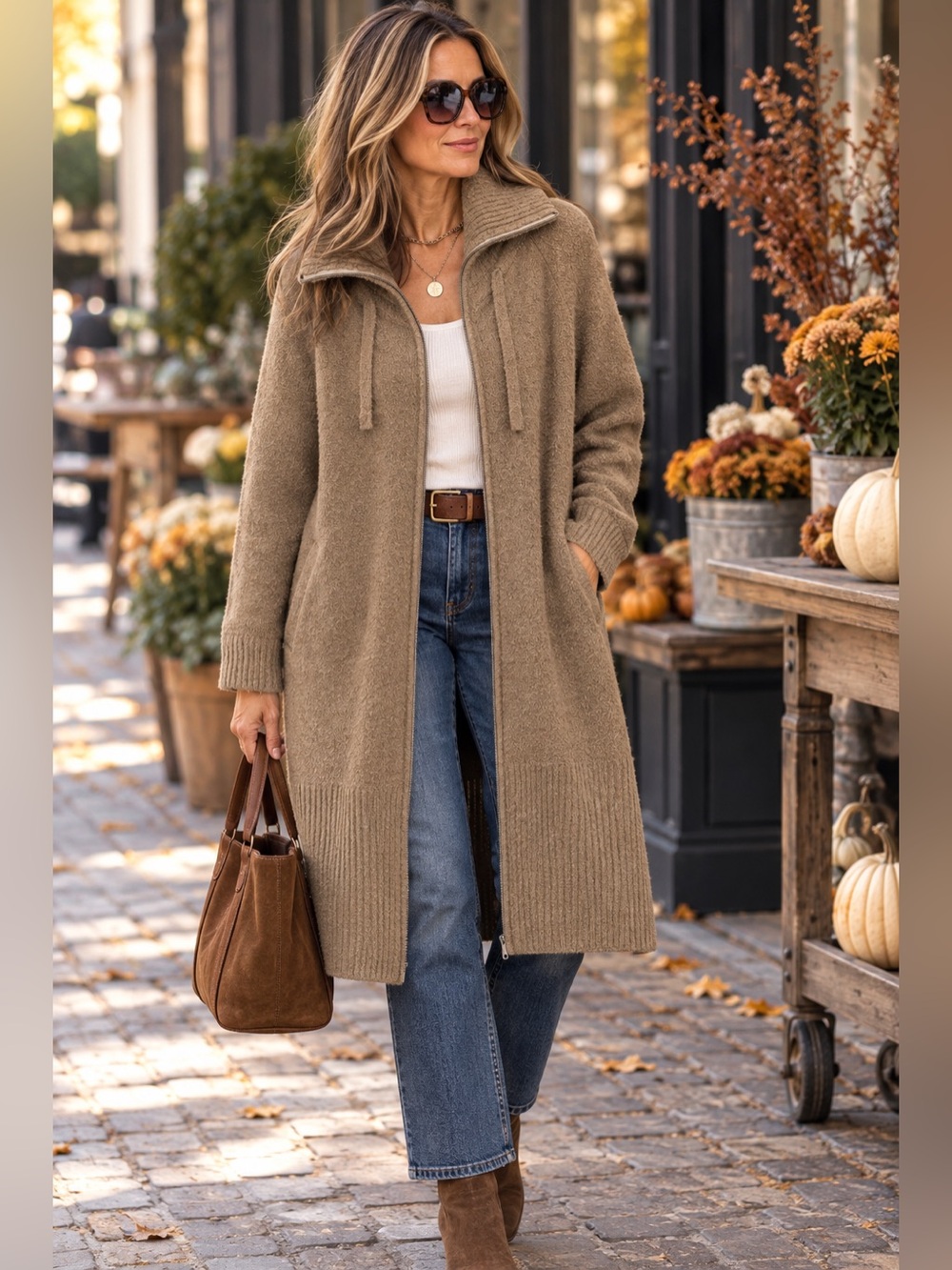Sandwich Long Zip Cardigan Coat Taupe Wool Blend M